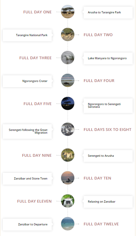 details of the safari itinerary following the great migration in the Serengeti and then going to Zanzibar